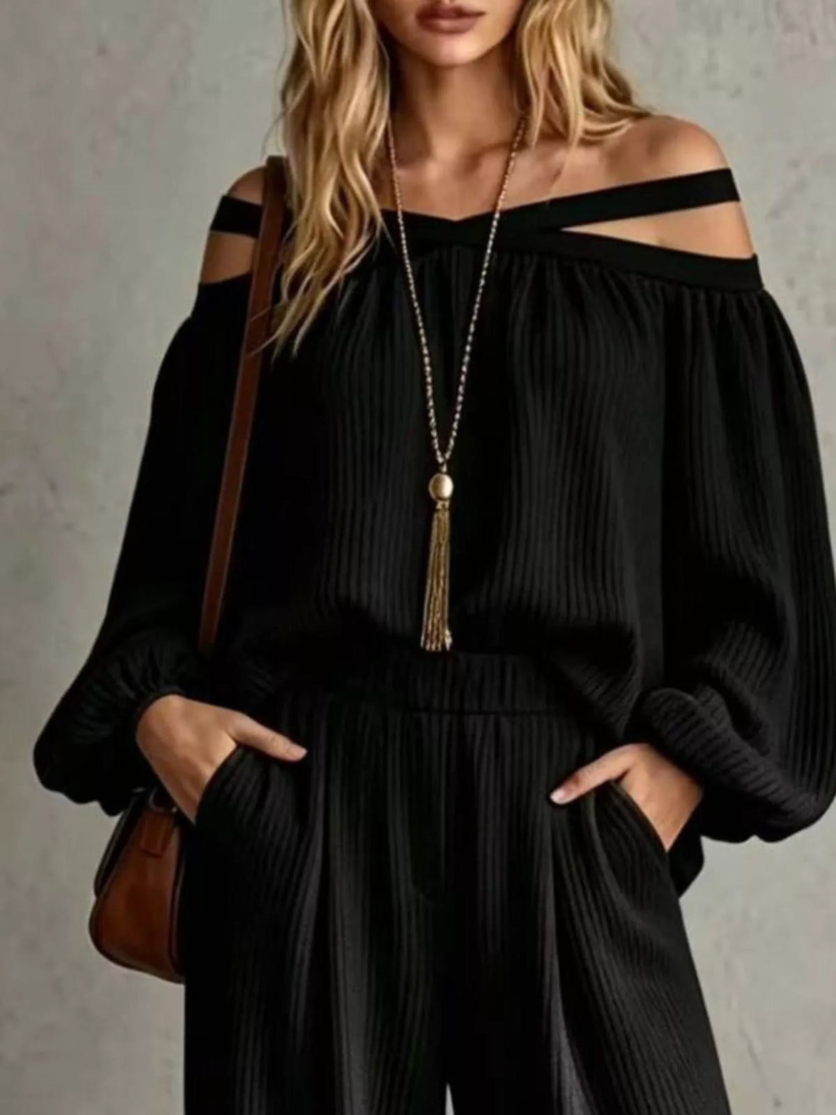 Off-Shoulder Crisscross Cutout Ribbed Knit Top and Wide-Leg Pants Set