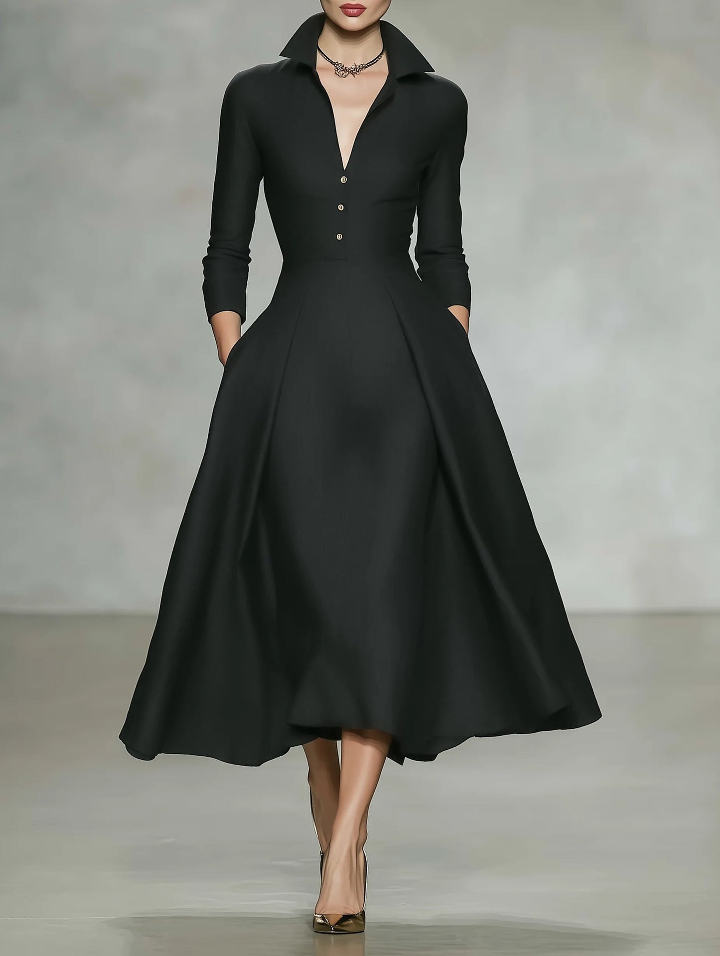 Deep V-Neck Shirt Collar Pleated A-Line Midi Dress with Pockets