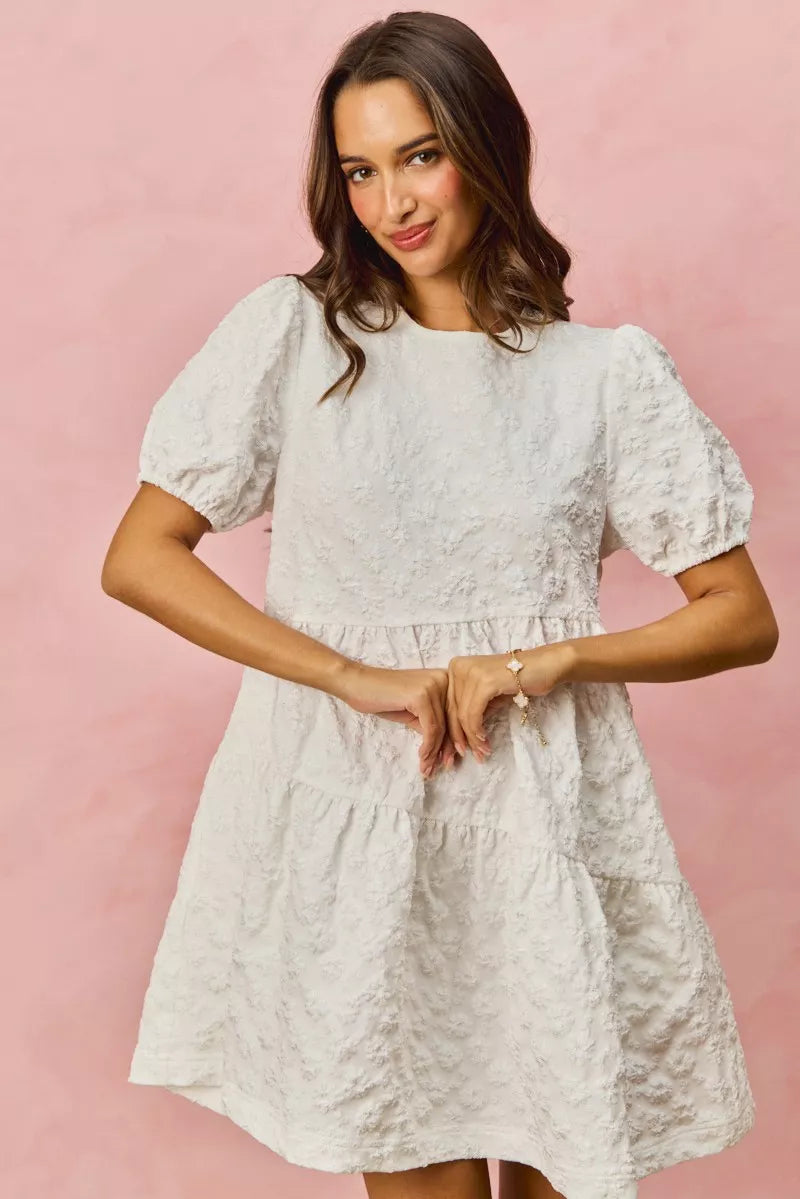 SO ME Floral Jacquard Diagnol Tiered Short Mini Dress