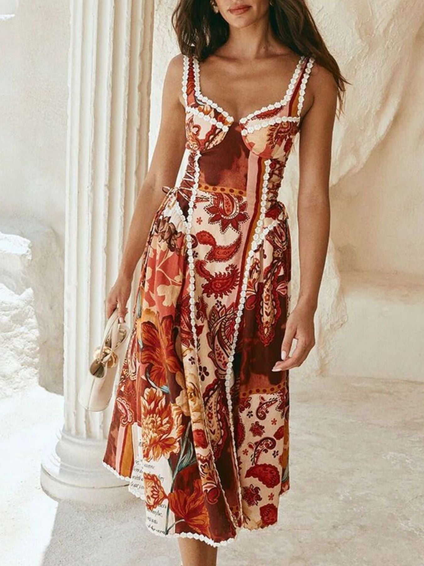 Vintage Paisley Print Lace Trim Midi Dress