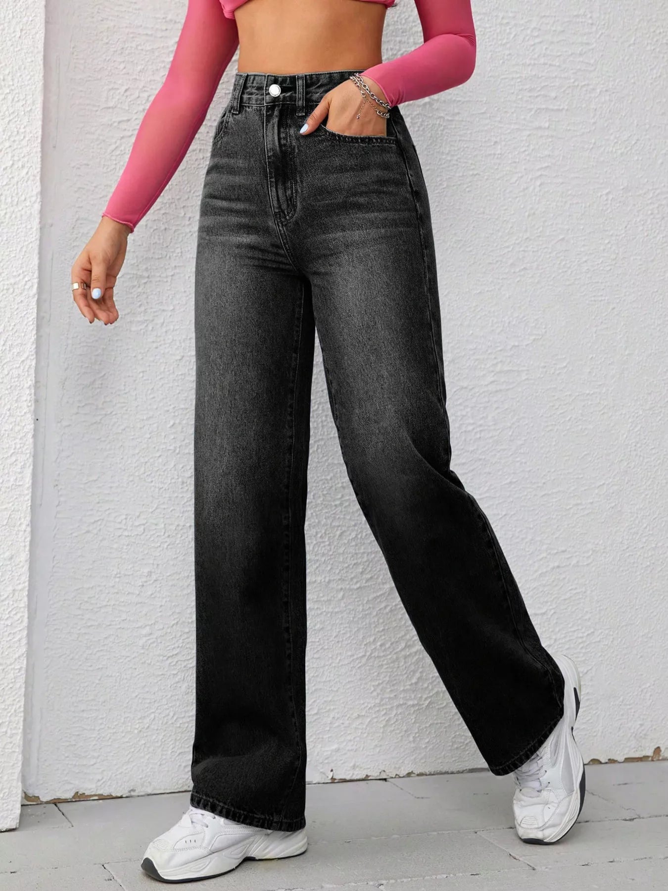High-Waisted Wide-Leg Washed Jeans
