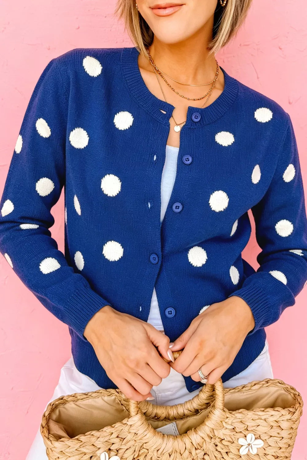 Casual Polka Dot Button Front Long Sleeve Sweater Cardigan