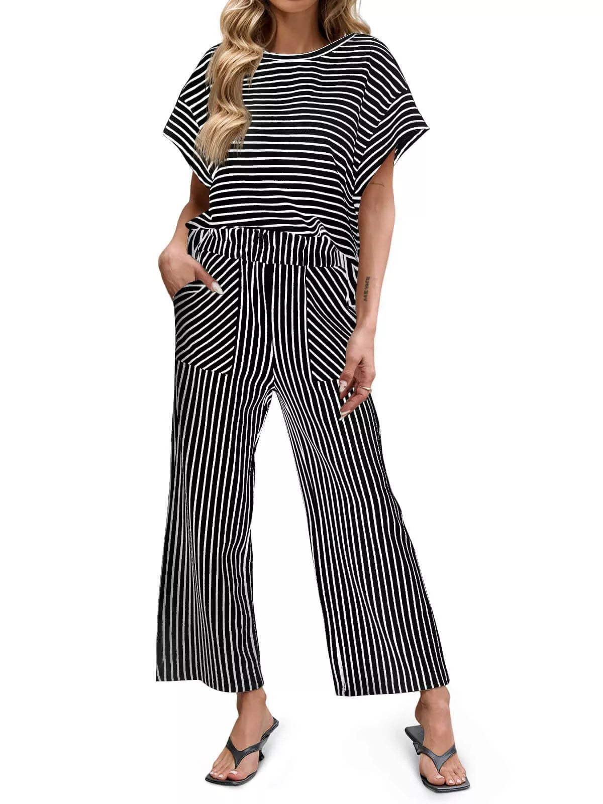 Casual Striped Short Sleeve Top and Wide Leg Pants Two-Piece Set