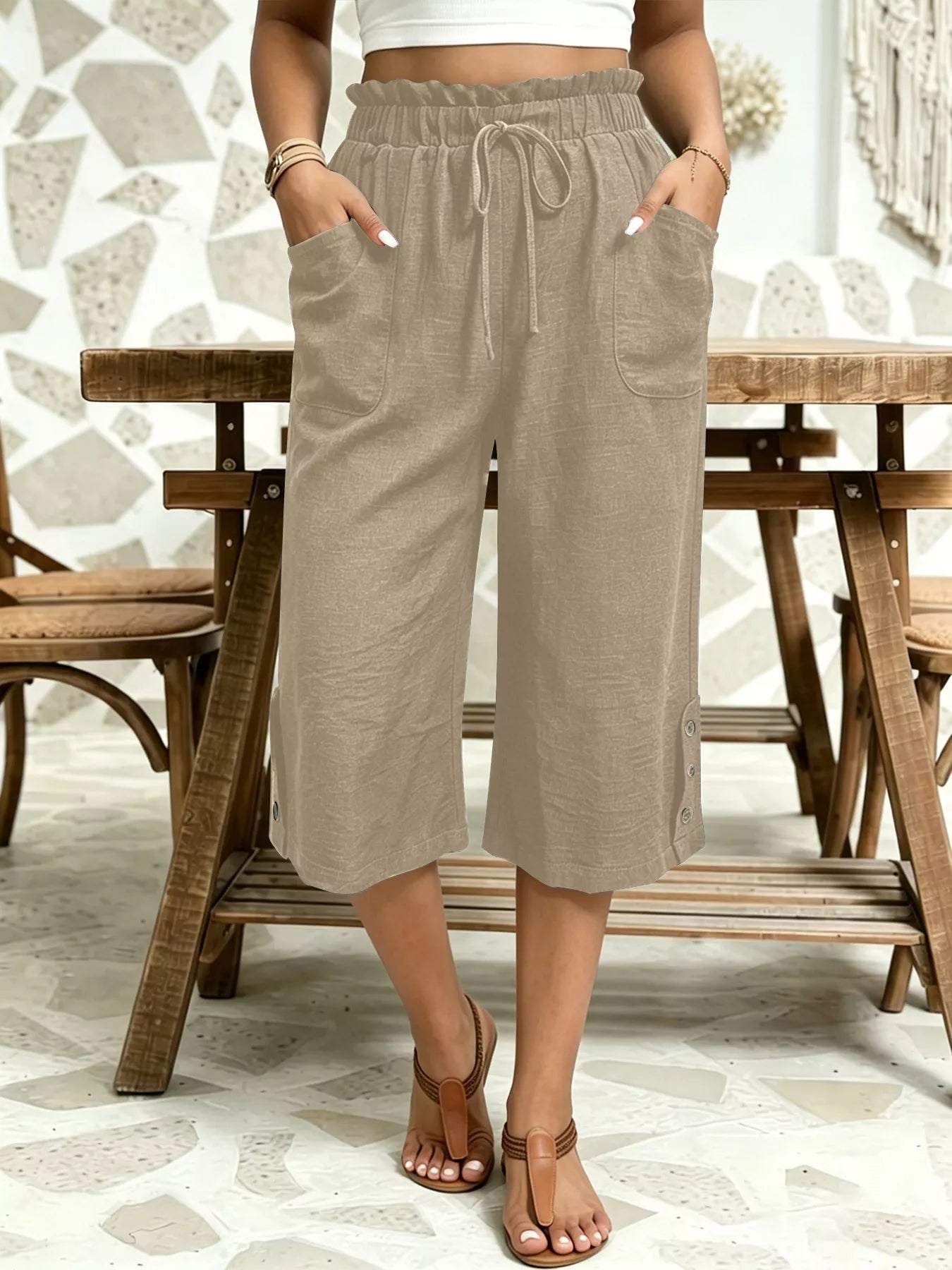 High-Waisted Drawstring Capris