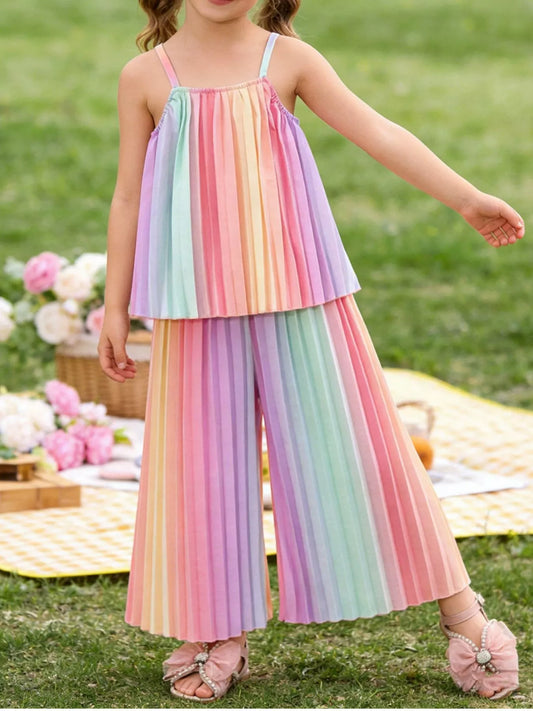 Children's Rainbow Pleated Cami Top and Wide Leg Pants Set