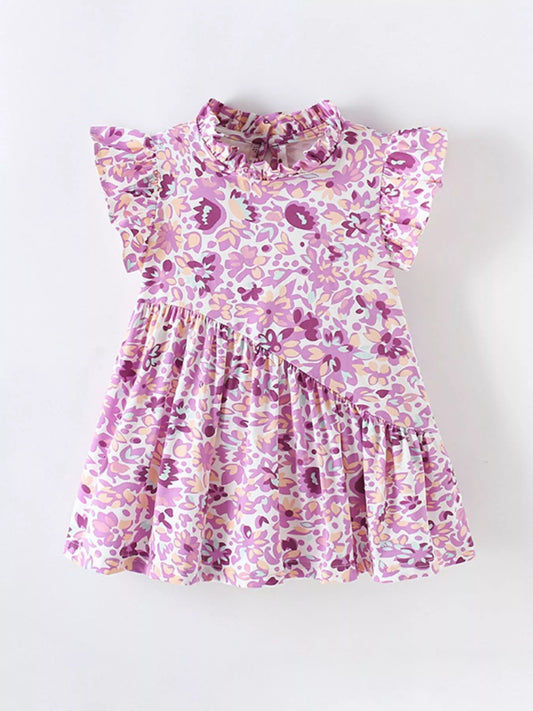 Children's Floral Print Ruffle Trim A-Line Dress