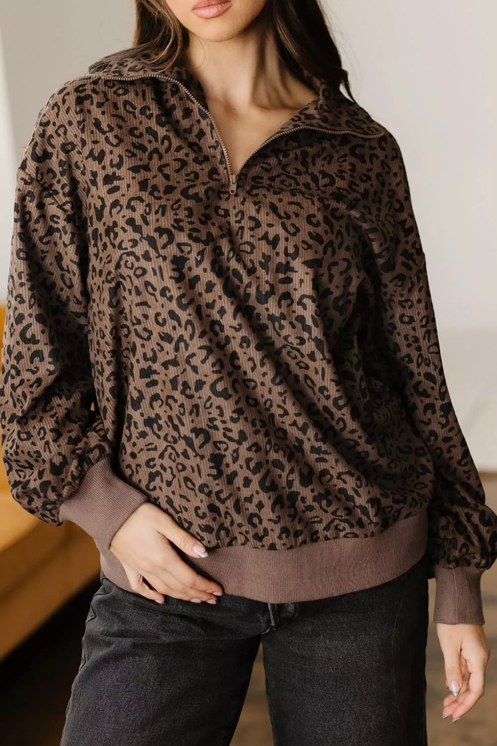 Leopard Print Quarter-Zip Sweatshirt