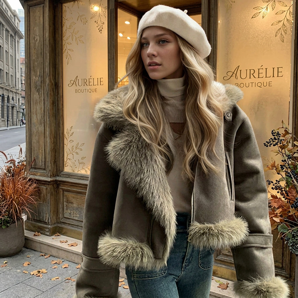 Women's Suede-Look Cropped Biker Jacket with Fluffy Trim