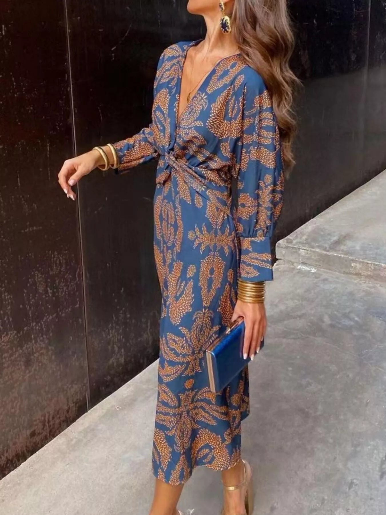 Full Size Printed V-Neck Long Sleeve Twisted Midi Dress Plus Size