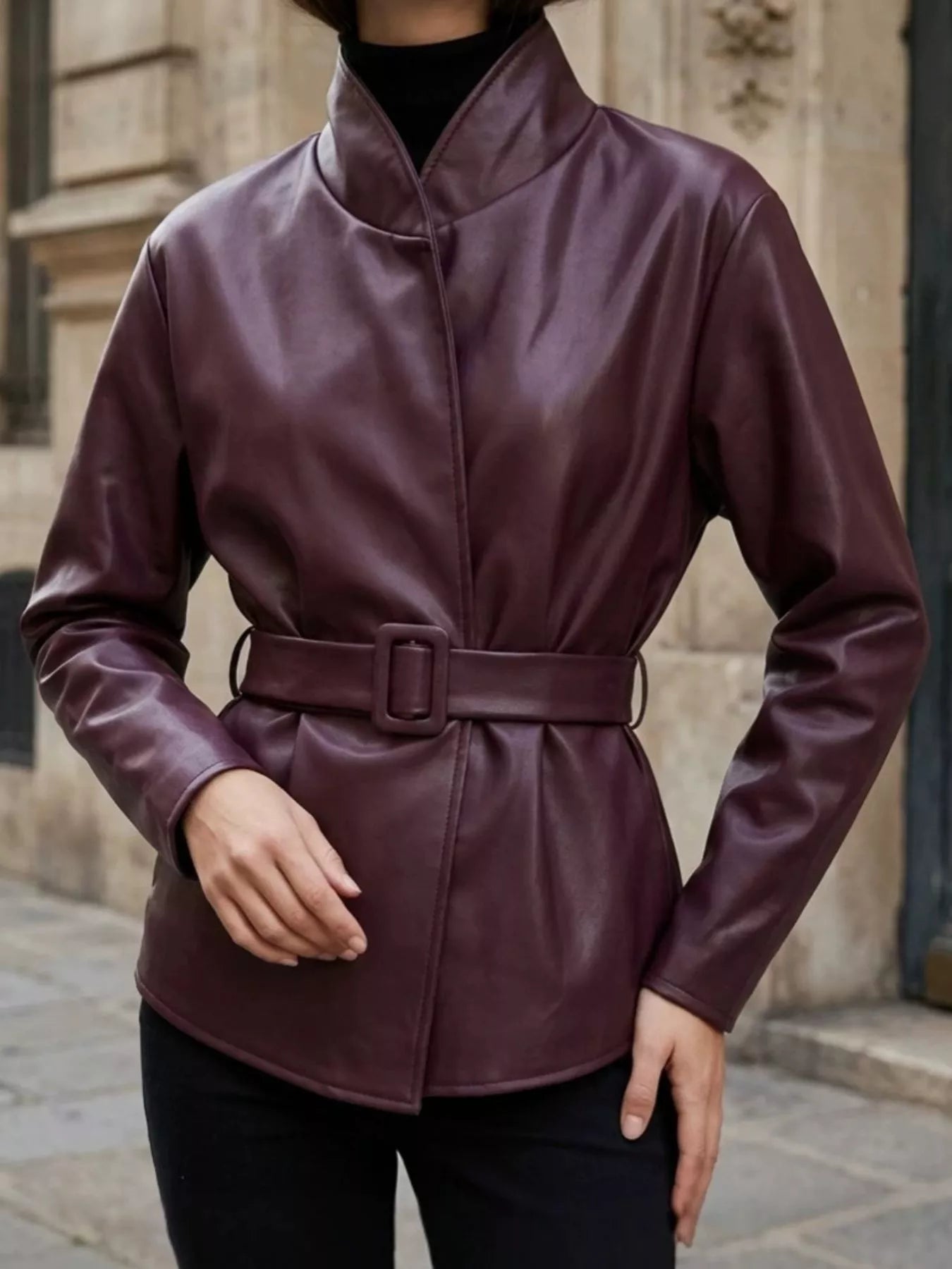 Faux Leather Belted Jacket