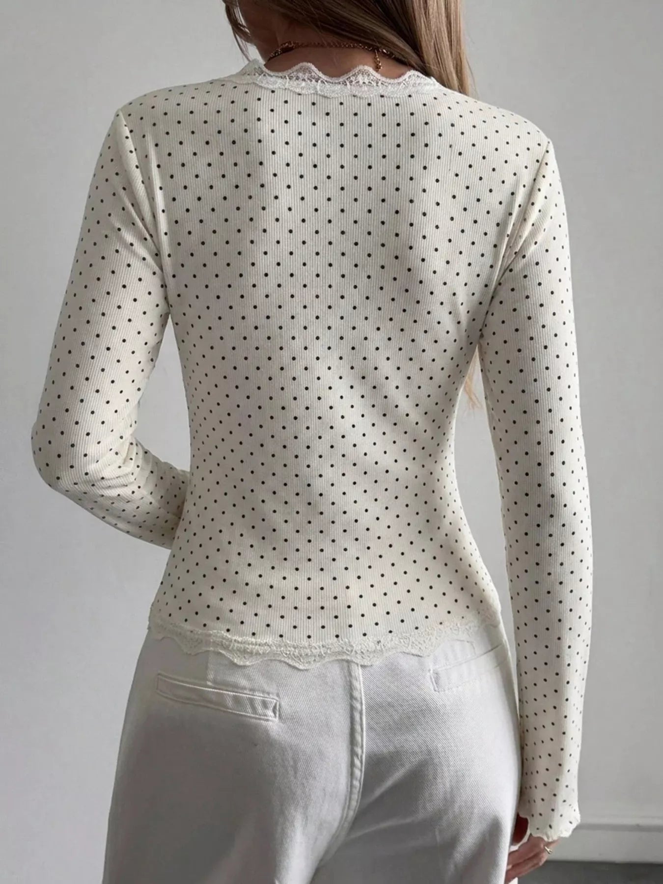 Lace Trim V-Neck Ribbed Long Sleeve Blouse