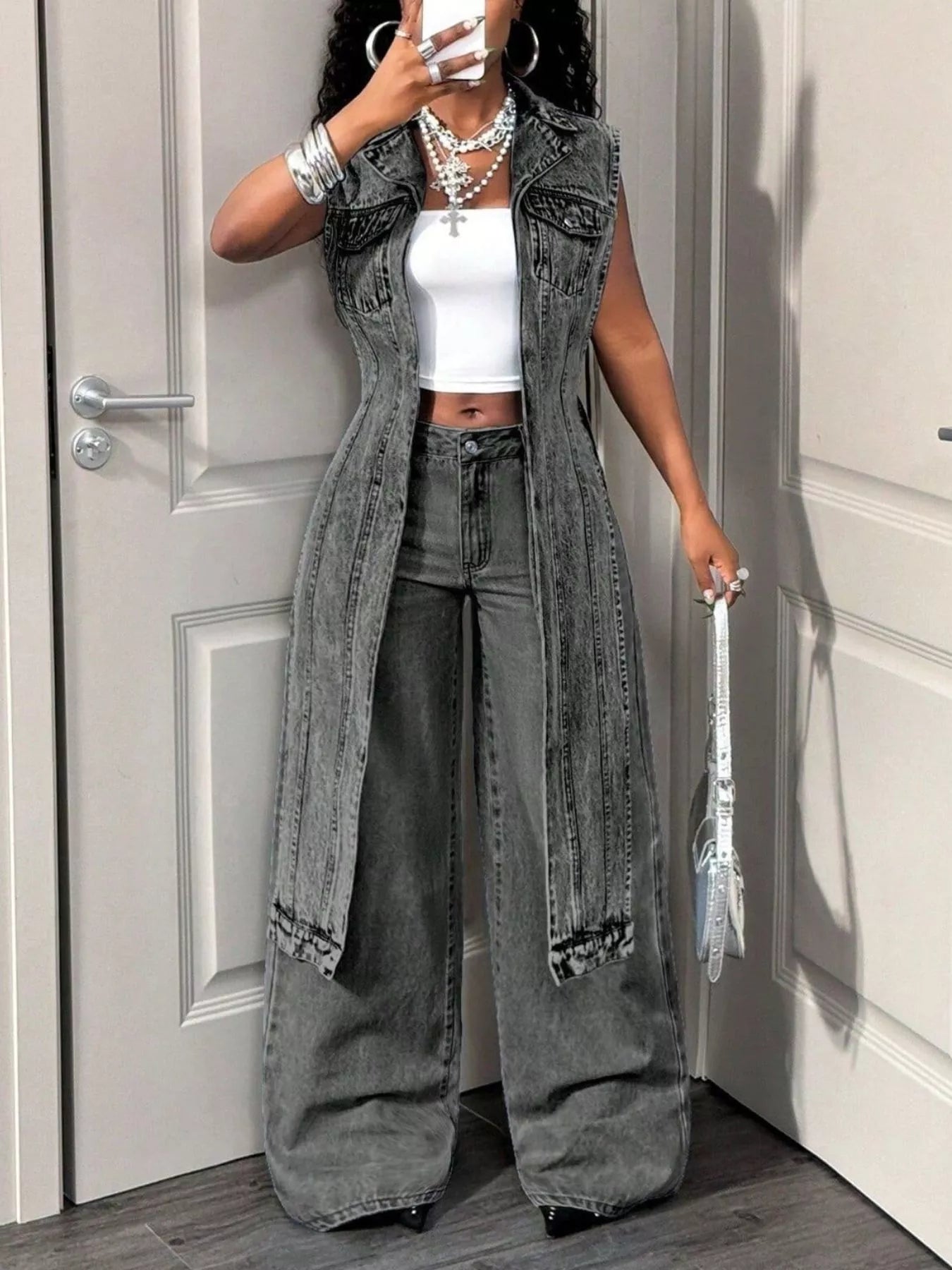 High-Low Open Front Denim Vest