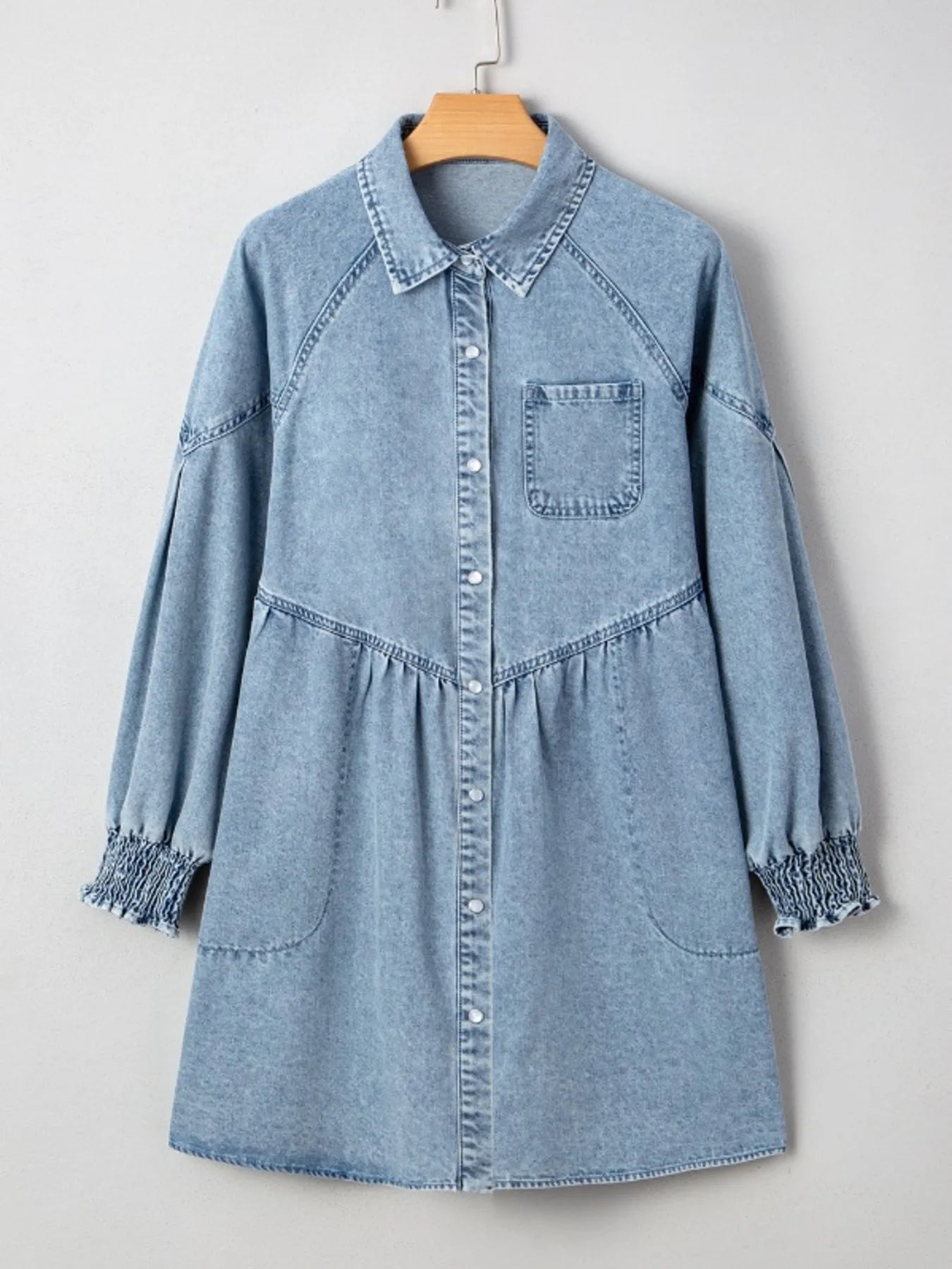 Button-Up Denim Shirt Dress with Smocked Cuffs