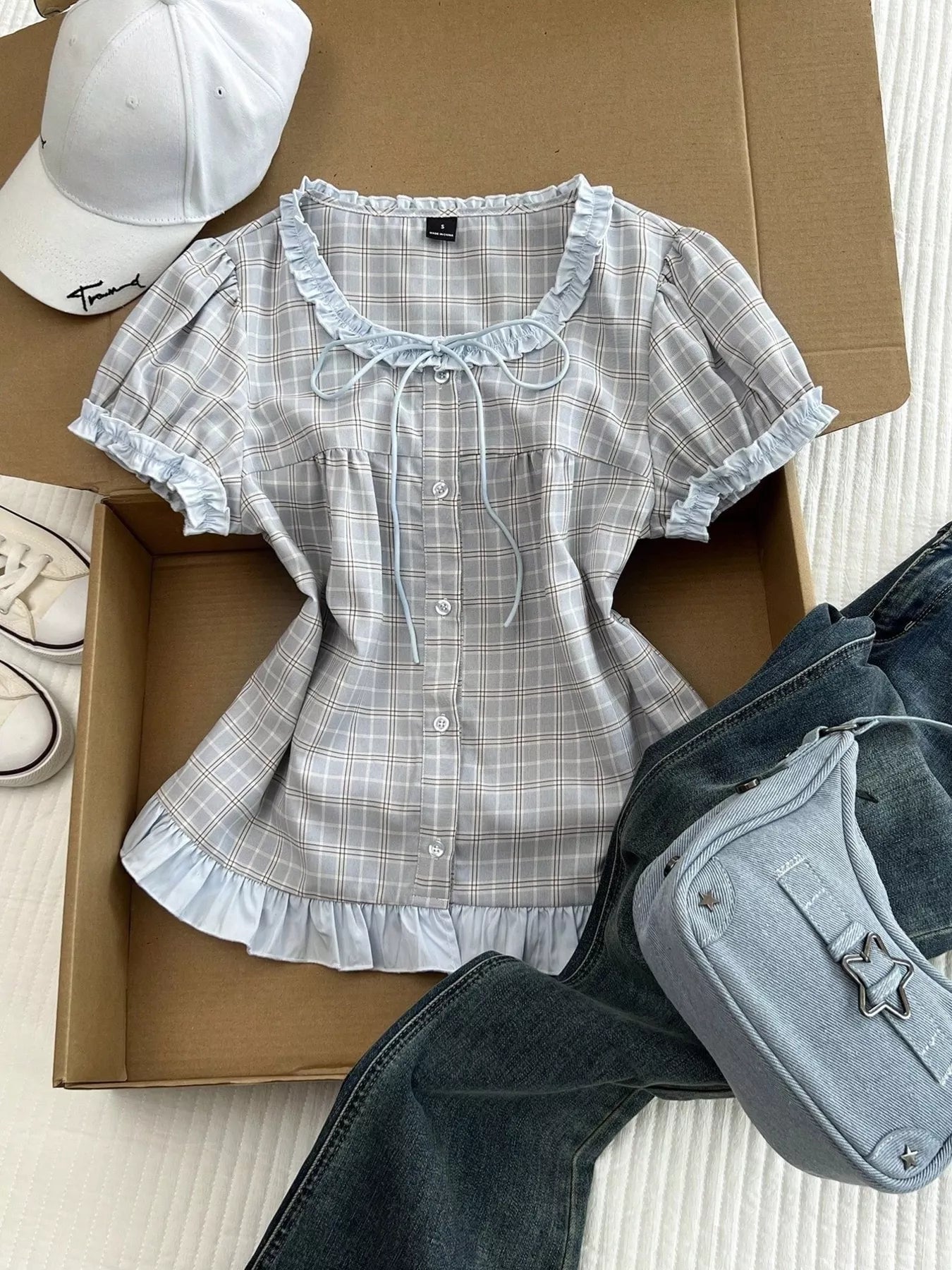 Plaid Ruffle Trim Puff Sleeve Blouse