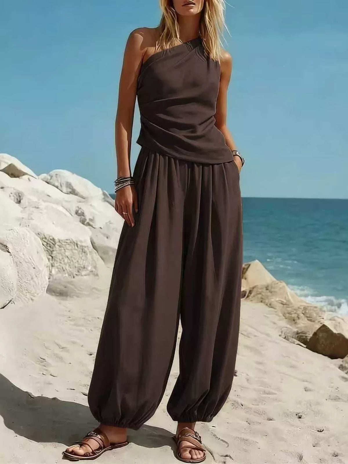 Full Size One-Shoulder Sleeveless Top and Harem Pants Set Plus Size
