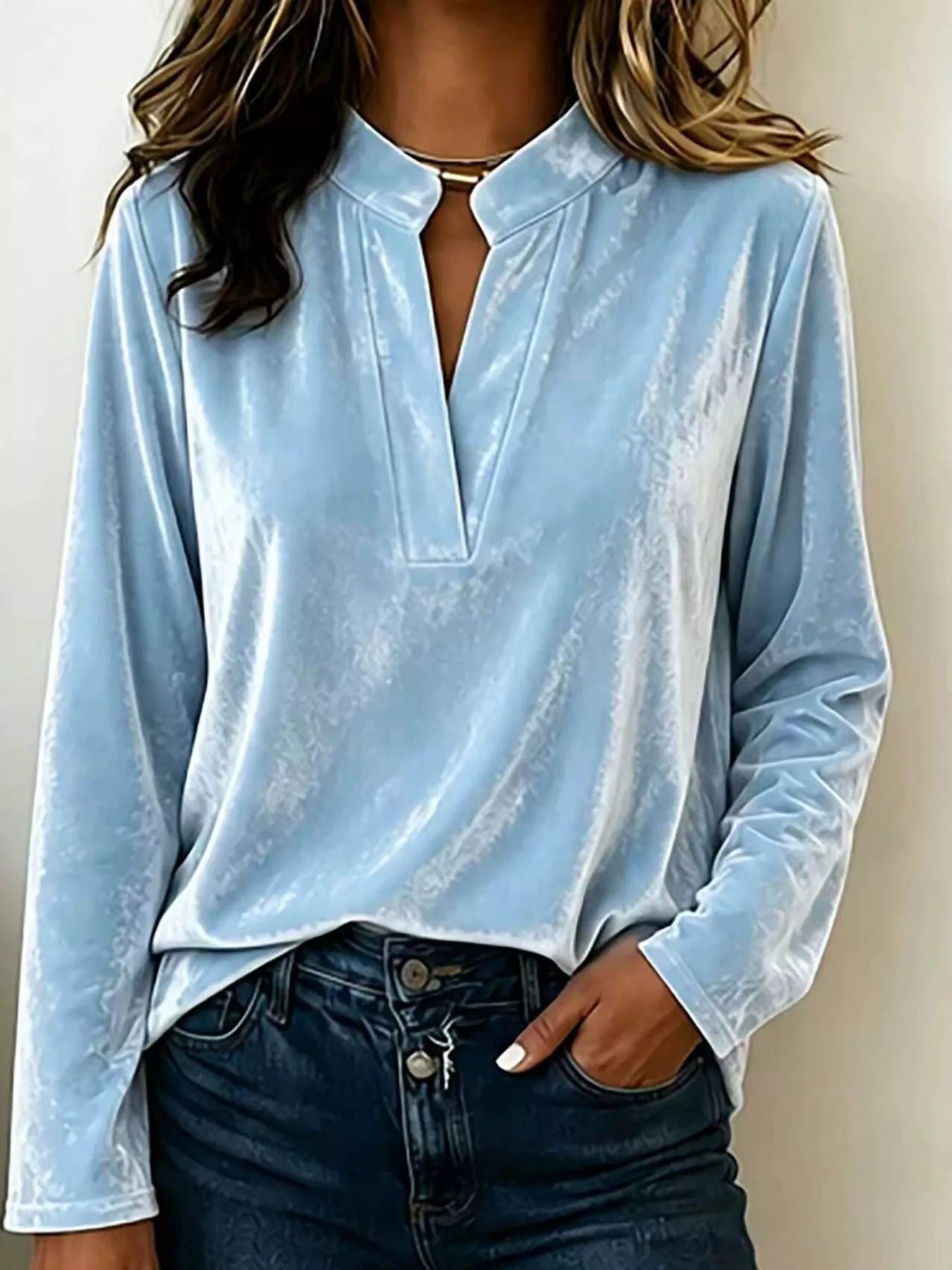 Full Size Velvet Notched Long Sleeve Blouse Plus Size