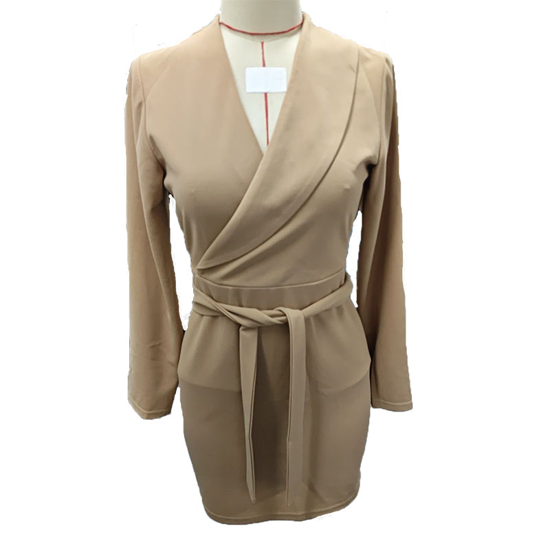 Women's V-Neck Short Dress With Pockets - Long Sleeve Belted Casual Fall Dress (See size chart where applicable)