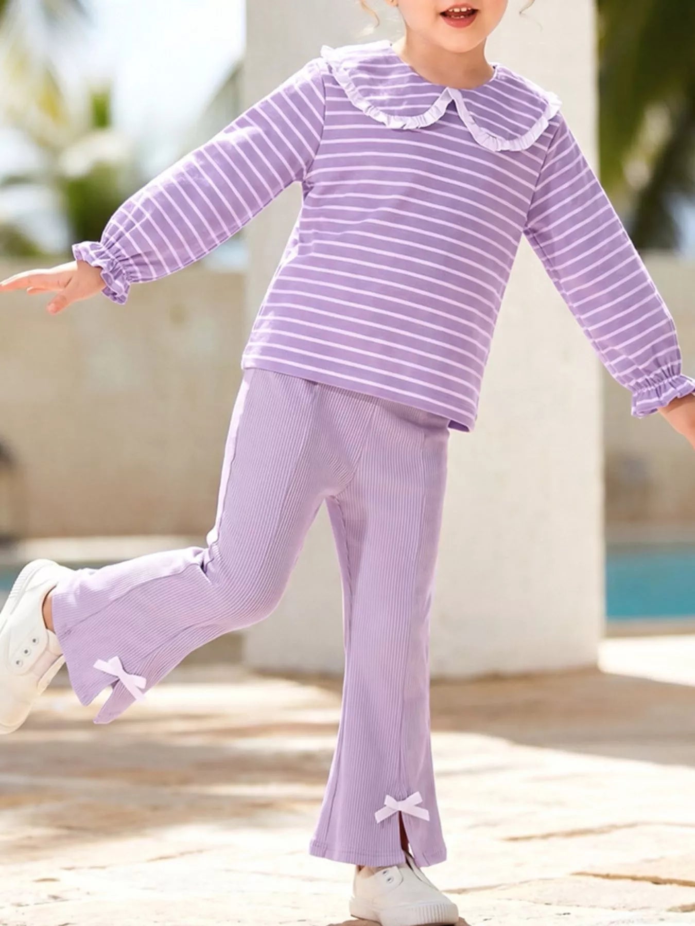Children's Striped Ruffle Collar Top and Bow Flare Pants Set