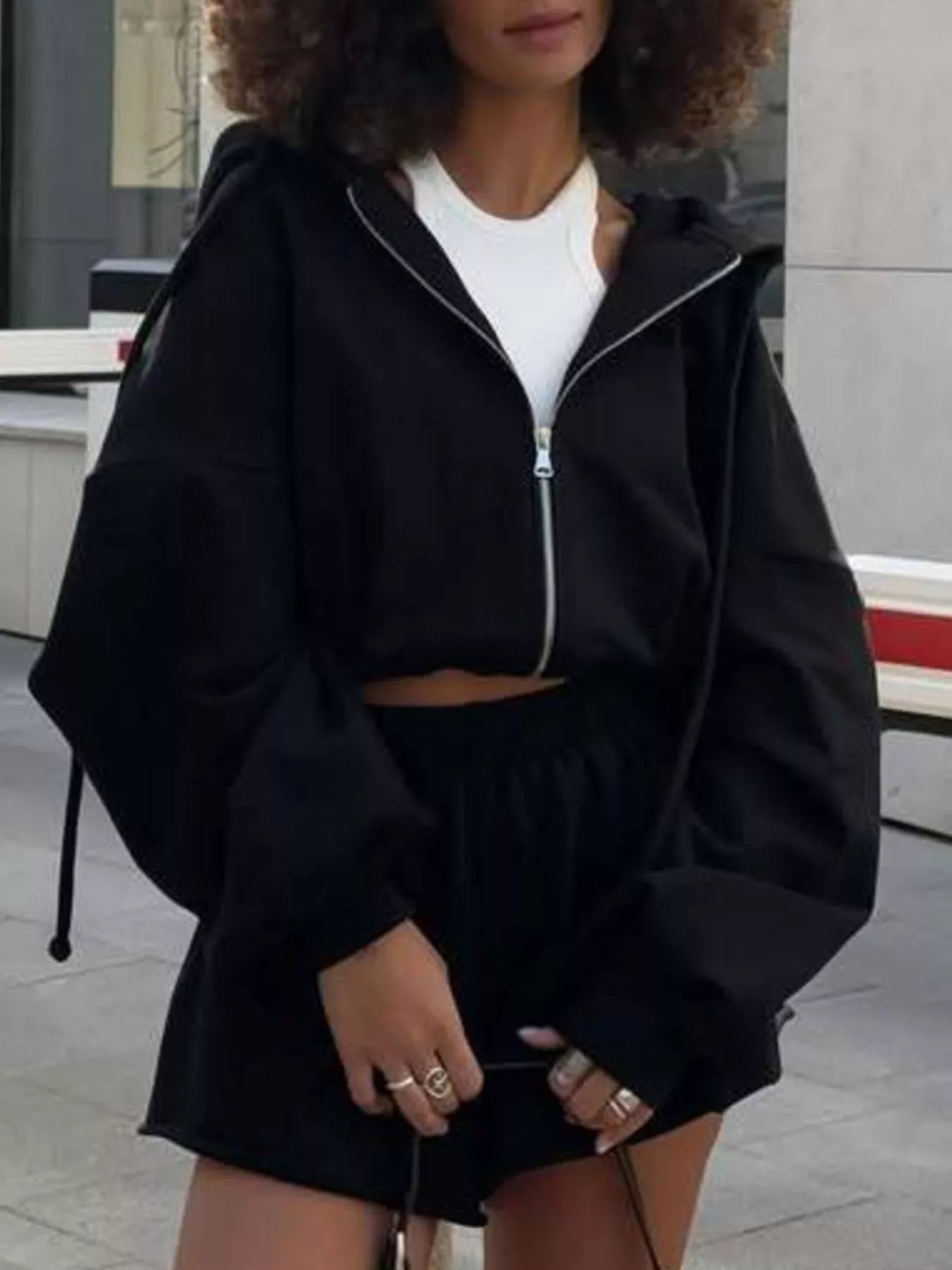 Zip Up Long Sleeve Outerwear and Shorts Set
