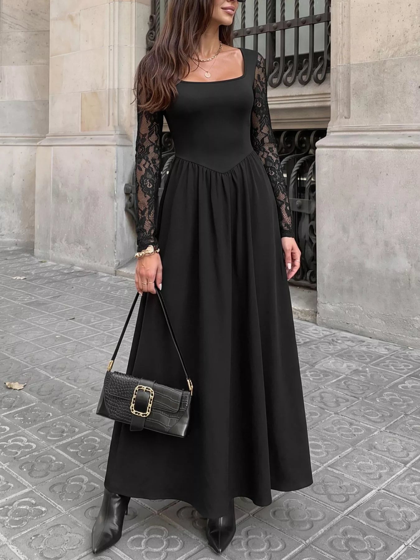Square Neck Sheer Sleeve Maxi Dress