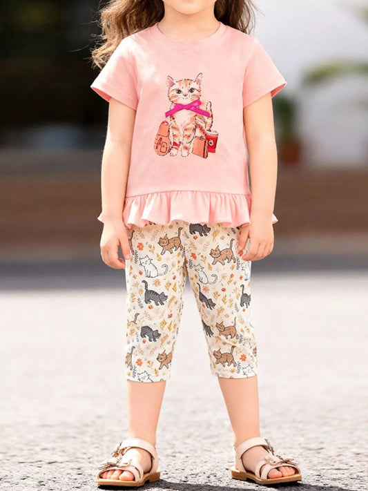 Children's Cat Ruffled Hem Tee and Shorts Set