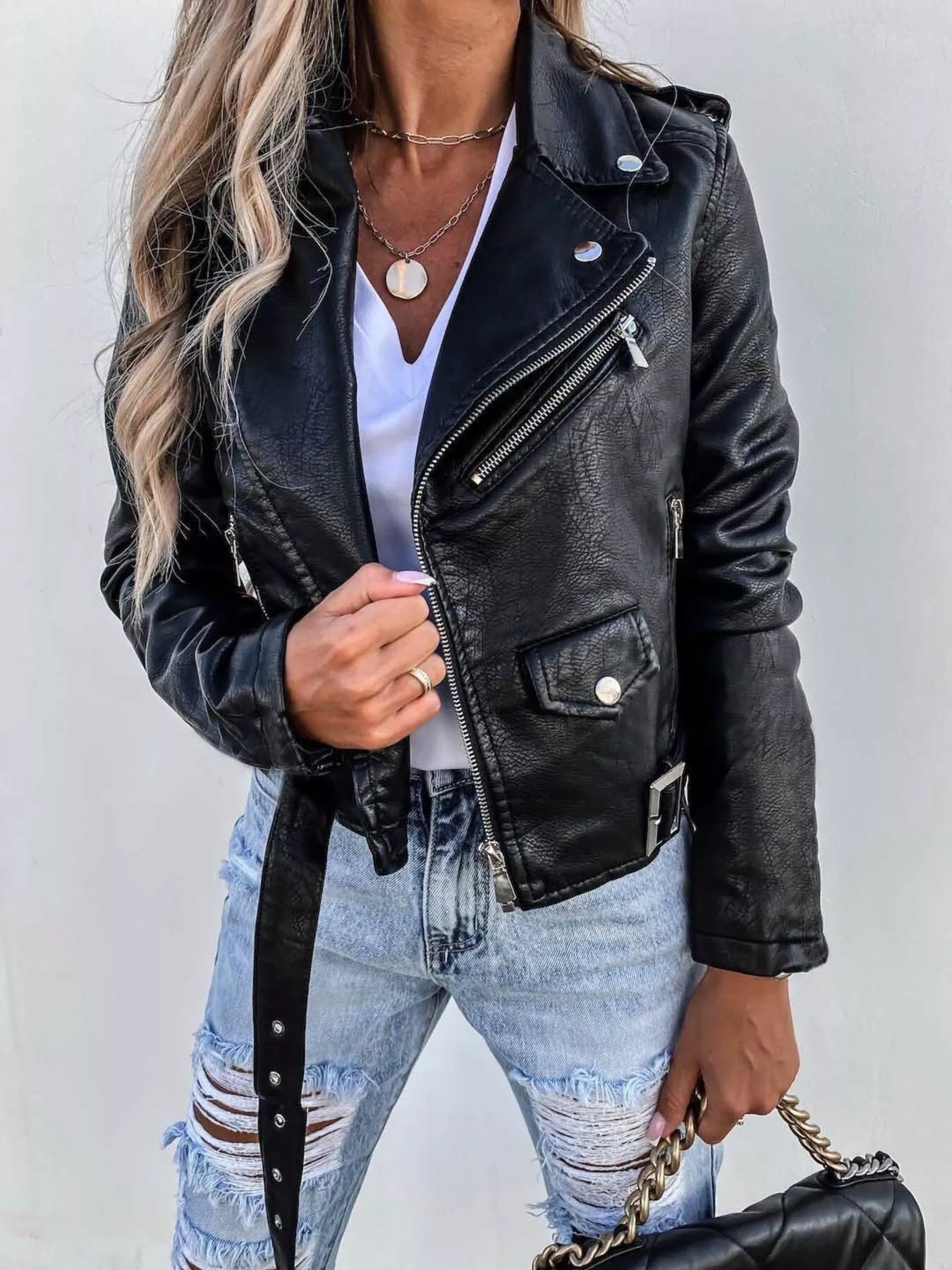 Full Size Zip Up Leather Motorcycle Biker Jacket Plus Size