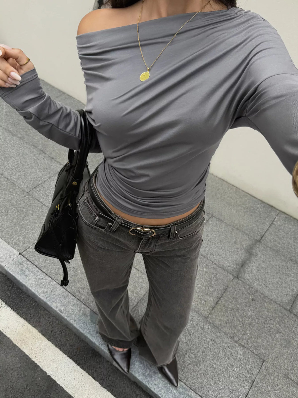 Ruched Long Sleeve Slim Fit T-Shirt
