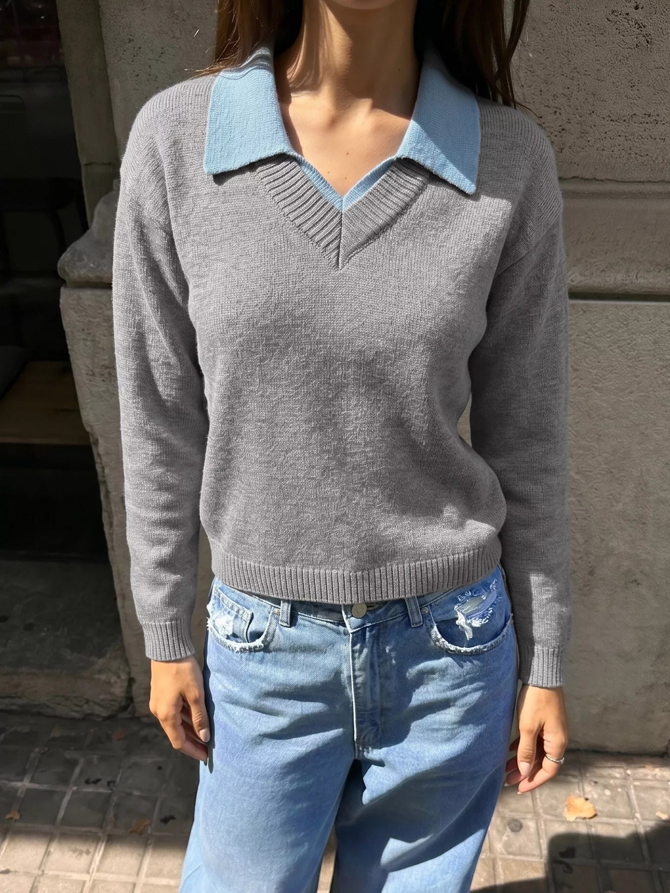 Contrast Collar Dropped Shoulder Sweater