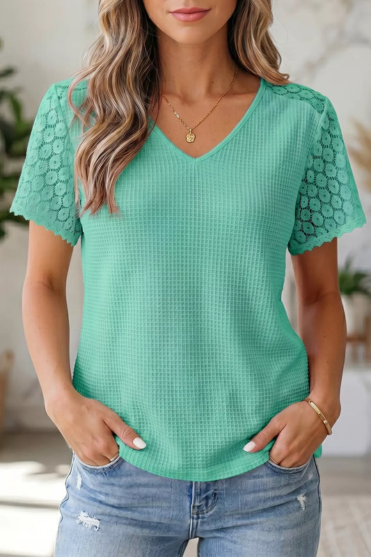 Lace Splicing Button Cutout V Neck Waffle Knit Blouse