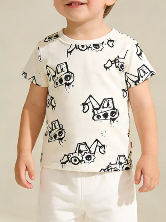 Children's Cartoon Excavator Print Short Sleeve T-Shirt