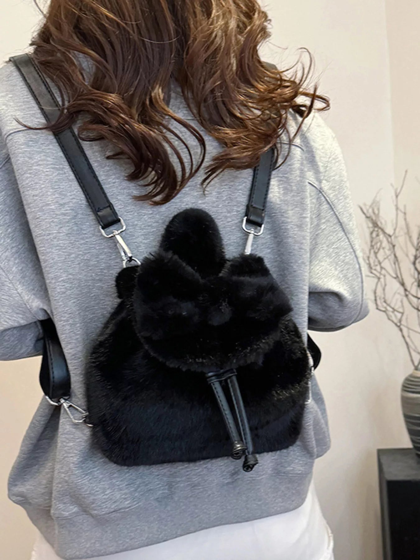 Fuzzy Plush Drawstring Backpack Bag
