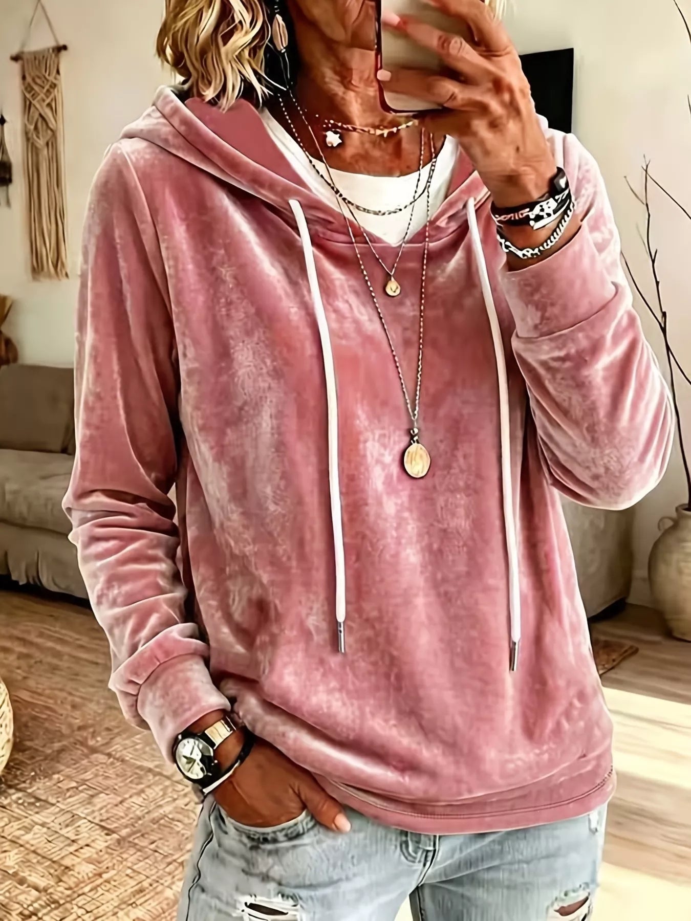 Full Size Drawstring Velvet Long Sleeve Hoodie Plus Size