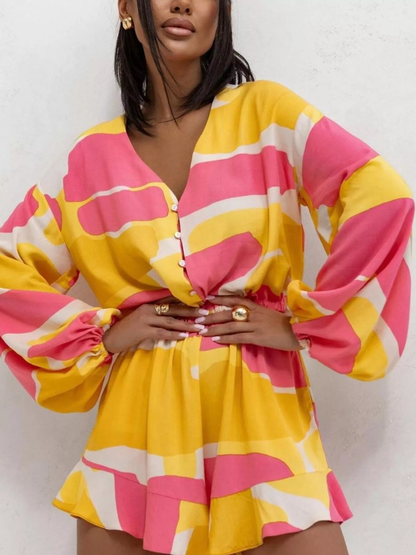 Floral V-Neck Long Sleeve Romper with Elastic Waist