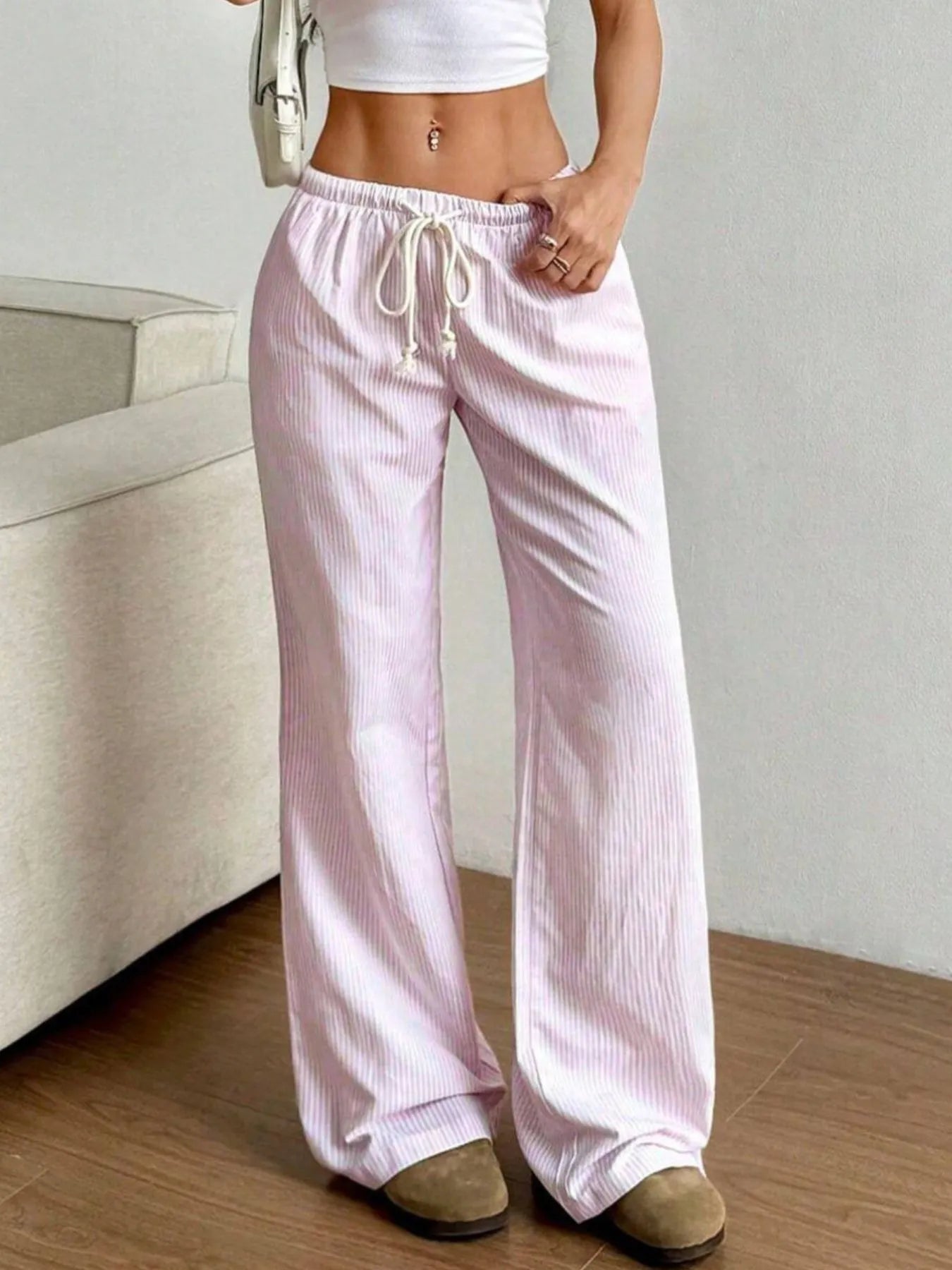 Drawstring Striped Wide Leg Pants