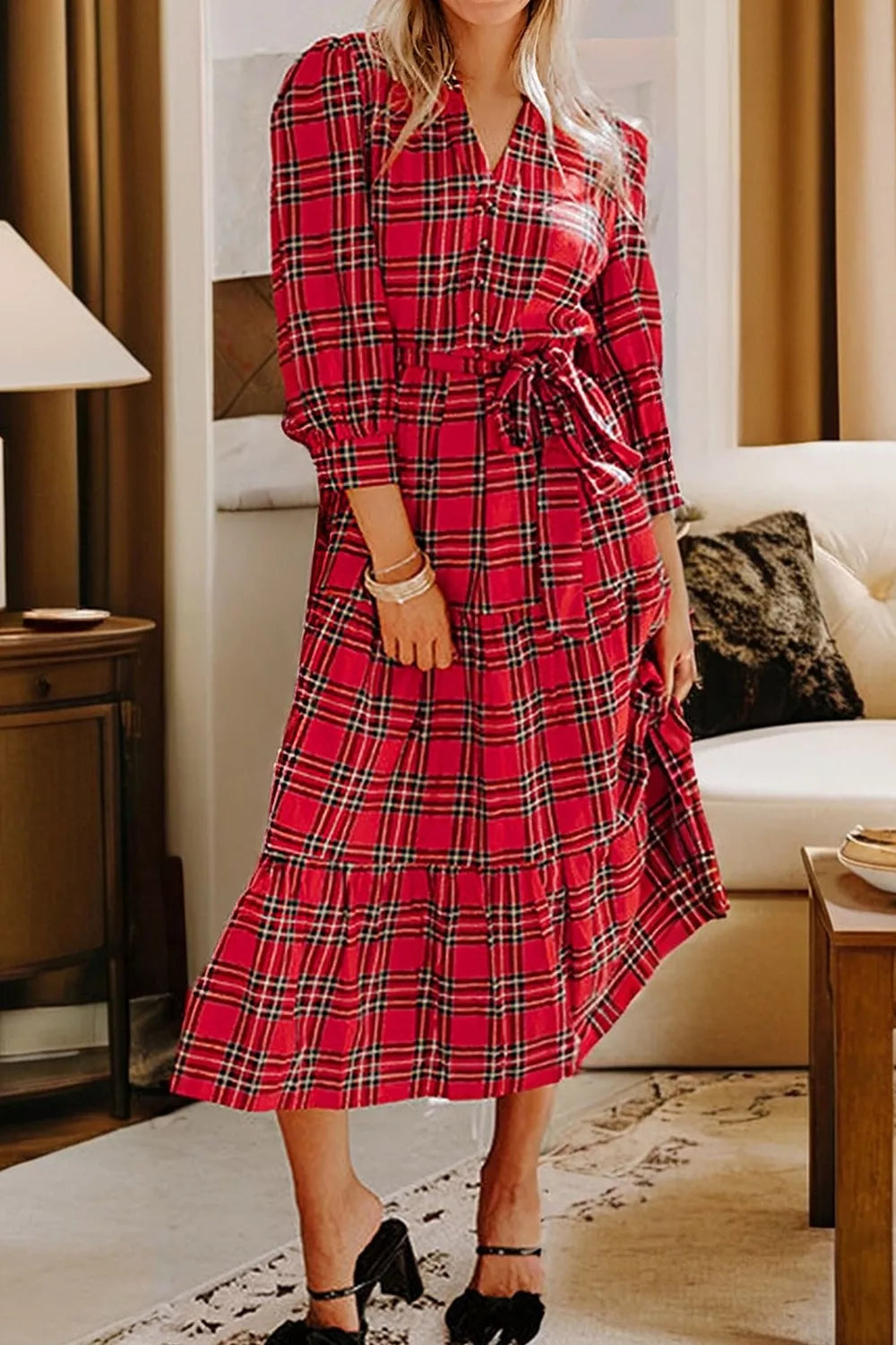 Christmas Plaid V Neck 3/4 Sleeve Tie Waist Ruffle Hem Midi Dress