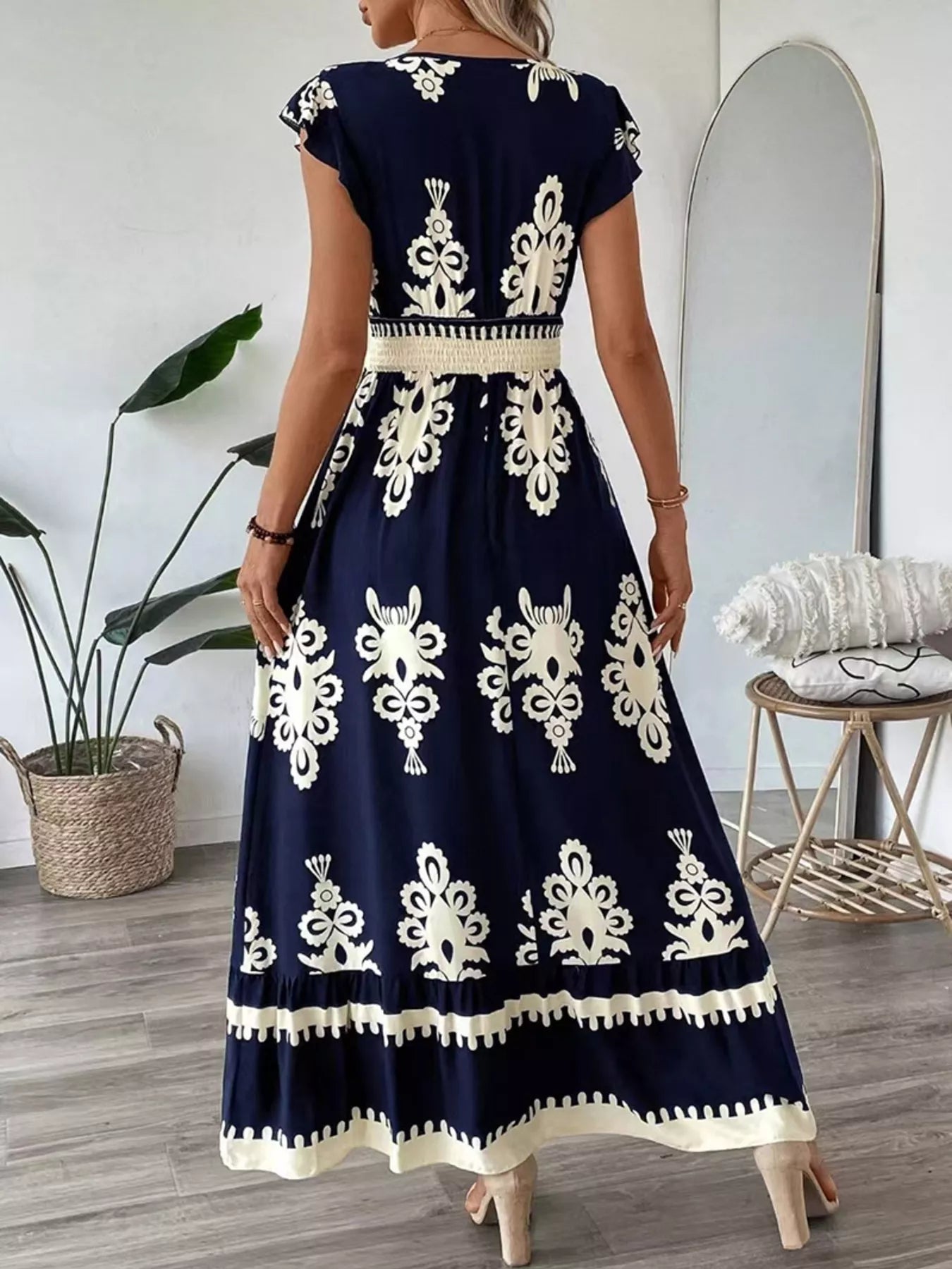 Ruffled Printed V-Neck Maxi Dress