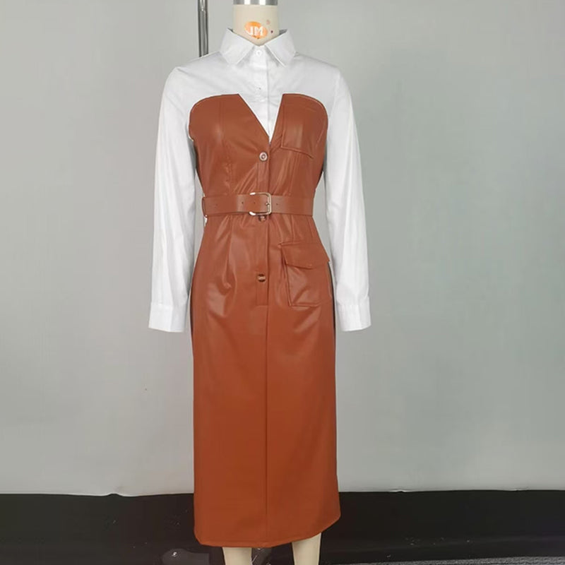 Women's Fashion V-Neck Long Sleeve Shirt Leather Trim Dress Belted Pocket Detail Bodycon Midi Dress