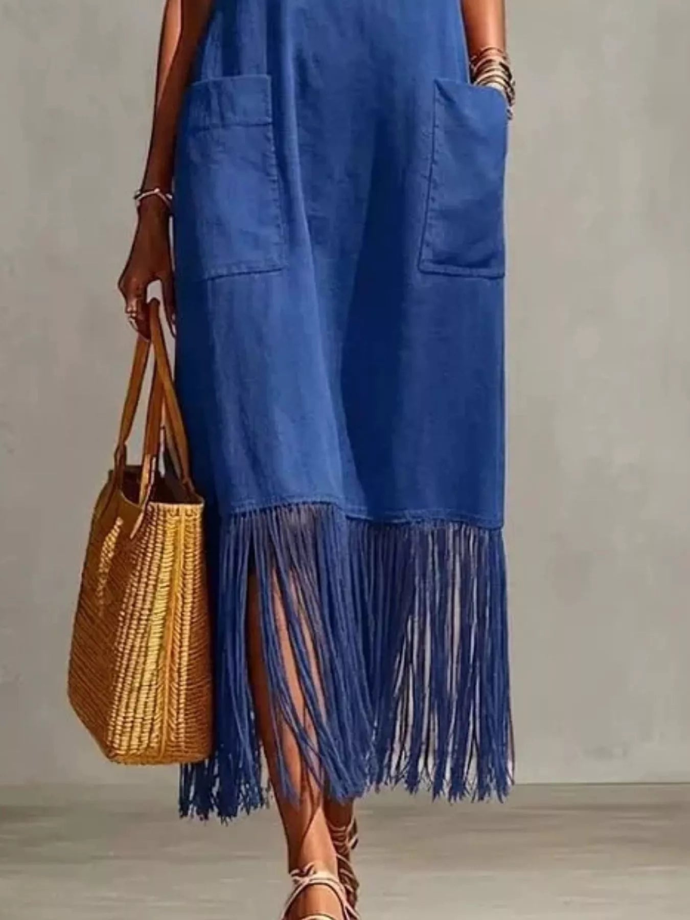 Full Size Fringe V-Neck Spaghetti Strap Dress Plus Size