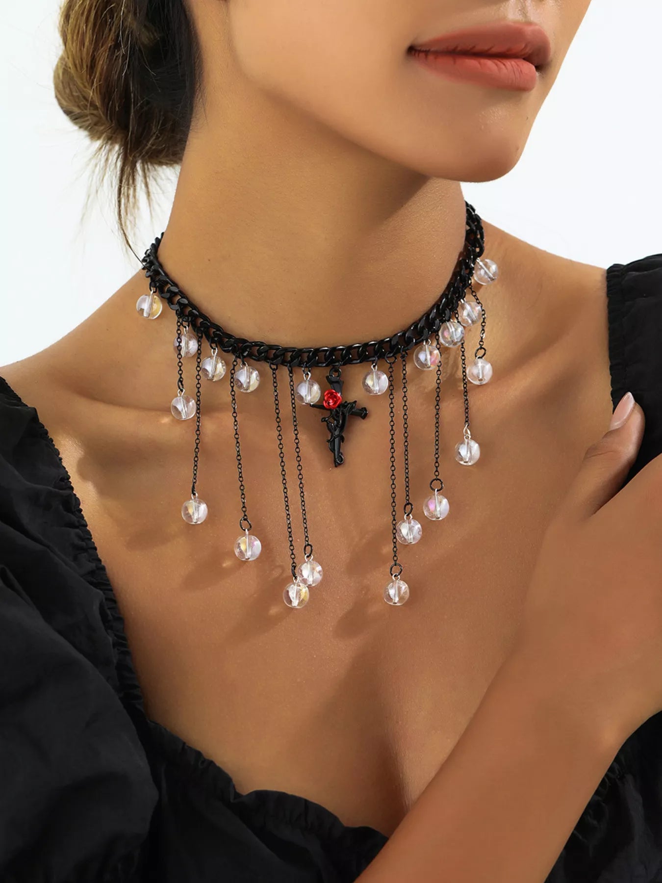 Gothic Rose Cross Dangle Necklace