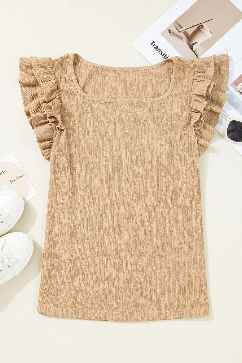 Ruffled Square Neck Textured Cap Sleeve Top