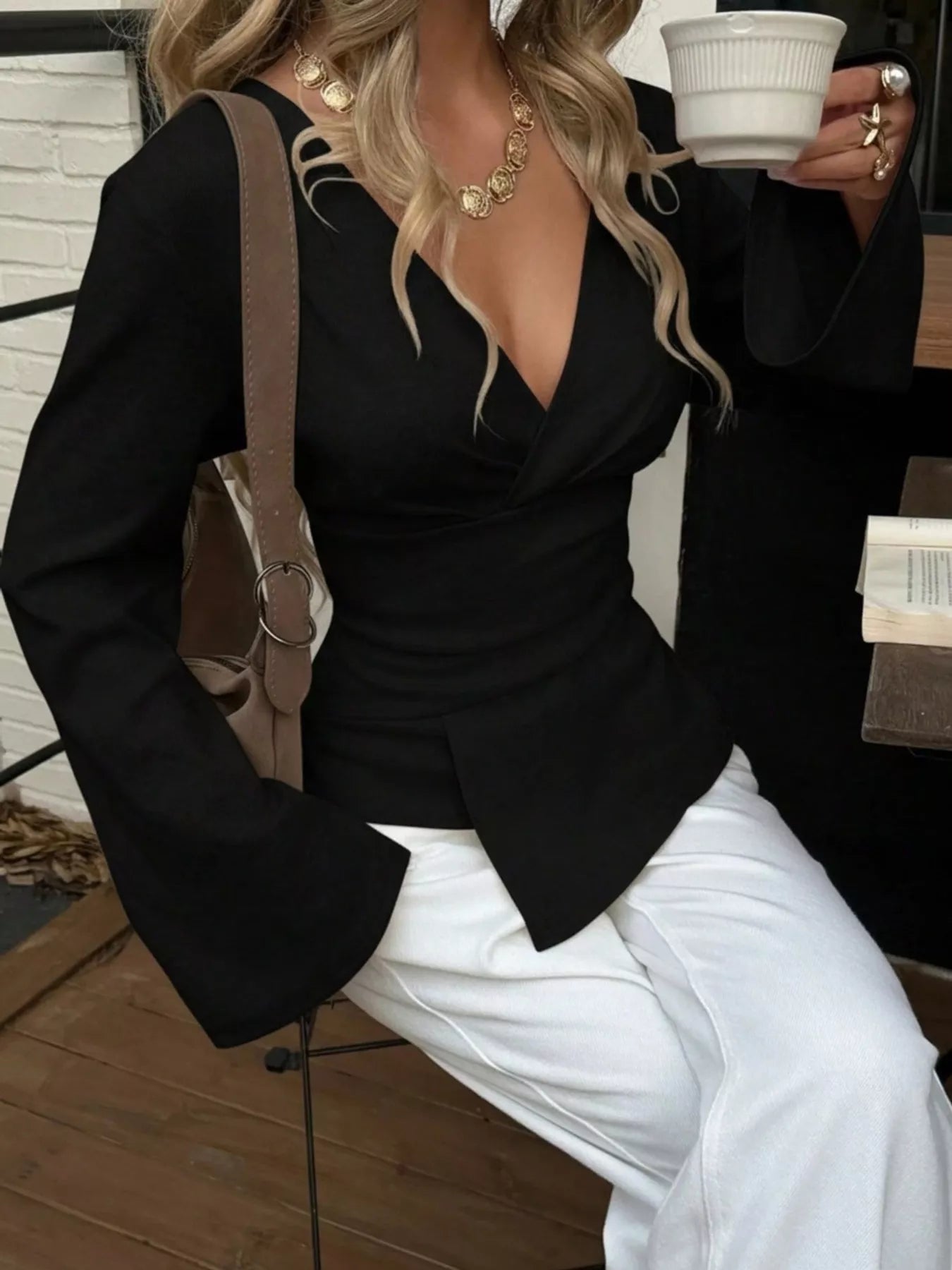 Elegant V-Neck Wrap Asymmetrical Blouse with Flared Sleeves