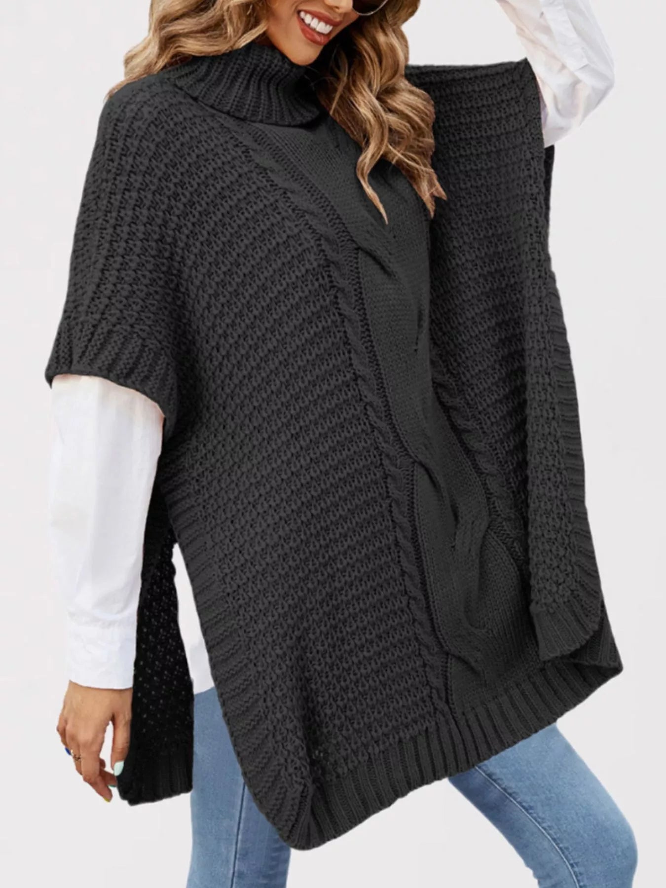 Turtleneck Cable-Knit Short Sleeve Oversized Sweater