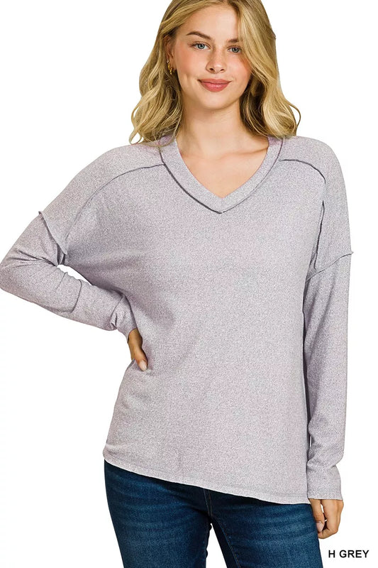Zenana Soft Melange Hacci Exposed Seam Hi-low Tee