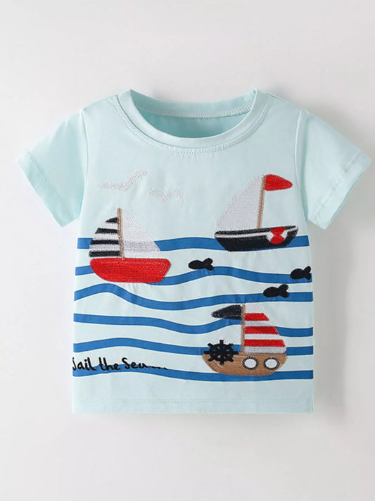Children's Sailboat Embroidered Short Sleeve T-Shirt