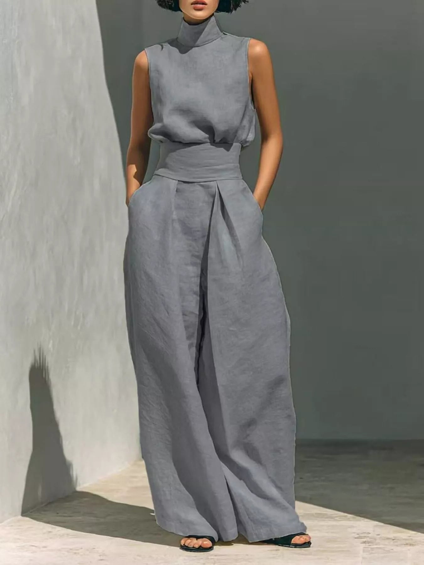 High Neck Sleeveless Top and Wide Leg Pants Set
