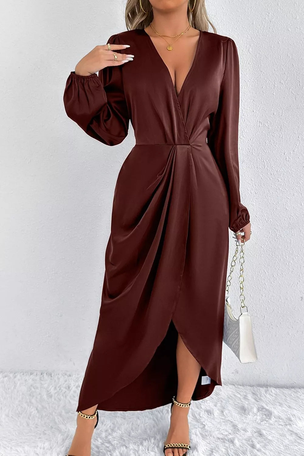 Satin Balloon Sleeve Midi Dress