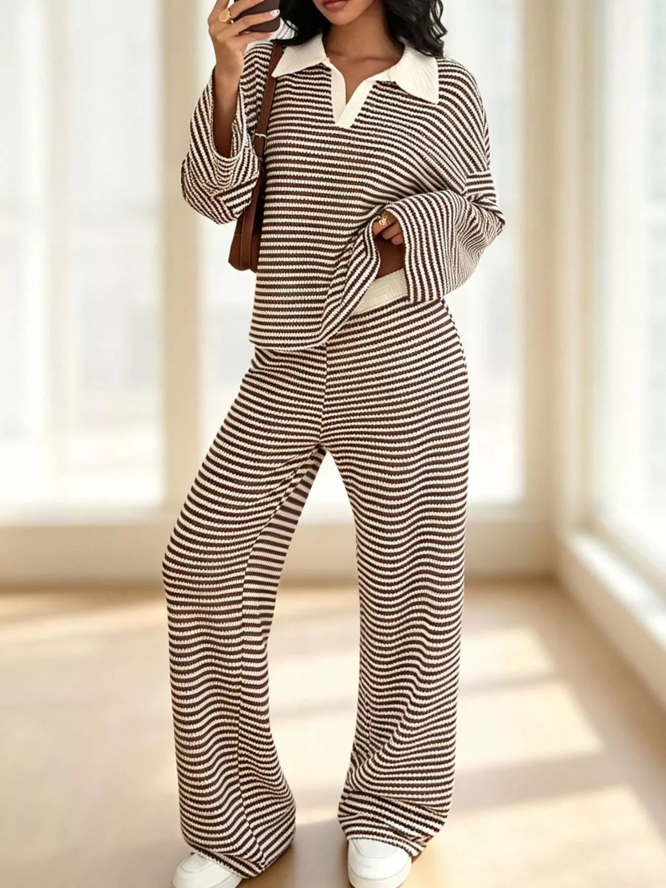 Striped Long Sleeve Polo and Wide-Leg Pants Set