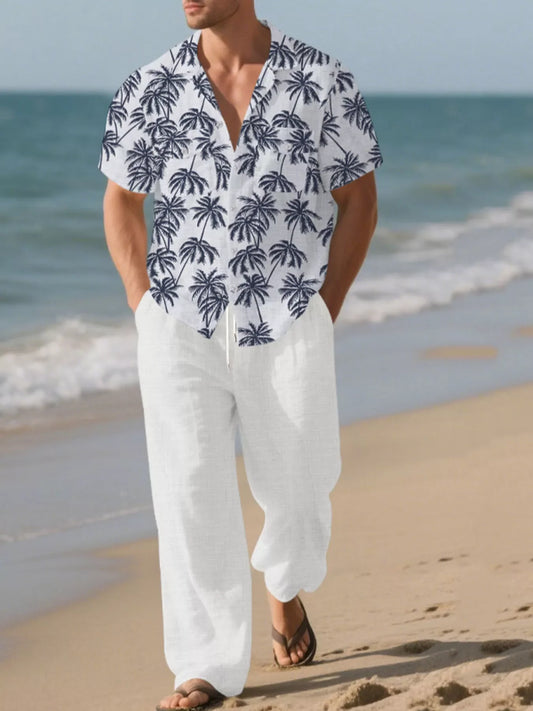 Men's Full Size Tropical Palm Print Button Up Shirt and Pants Set Plus Size