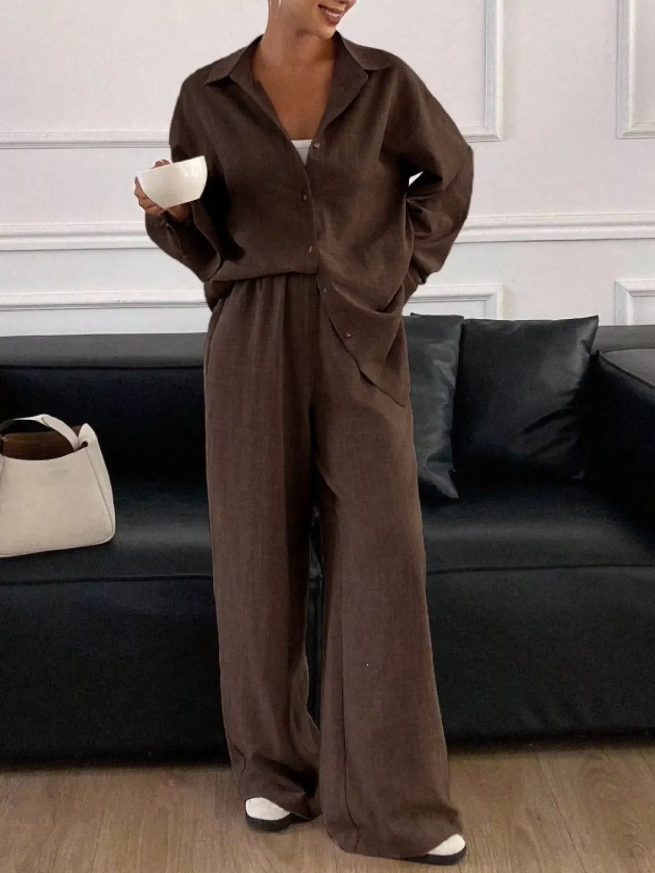 Button Up Long Sleeve Shirt and Wide Leg Pants Set