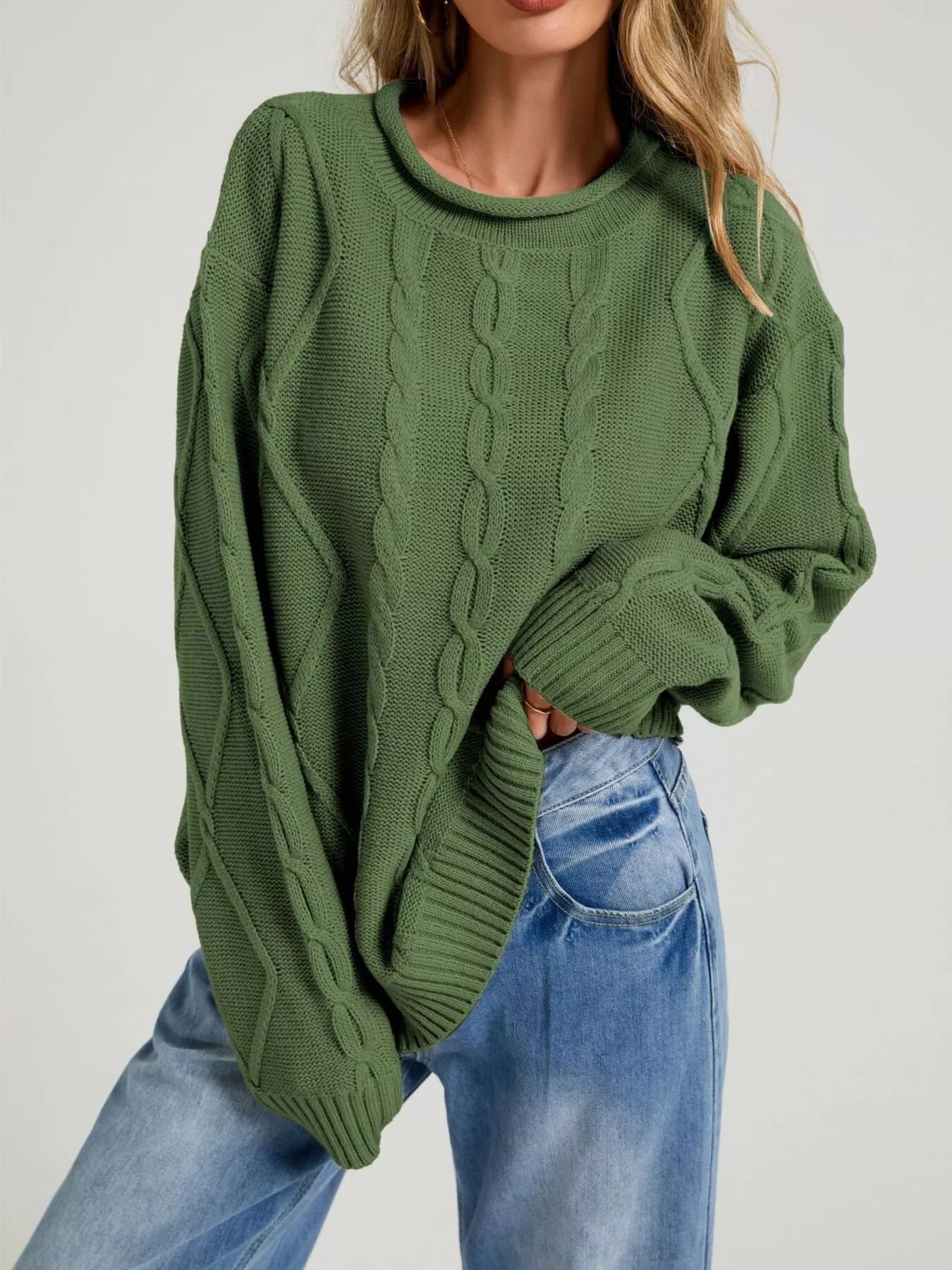 Cable Knit Ribbed Hem Sweater